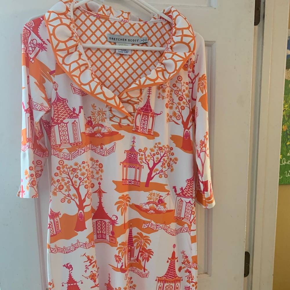 Gretchen Scott ruffle neck dress sz Small